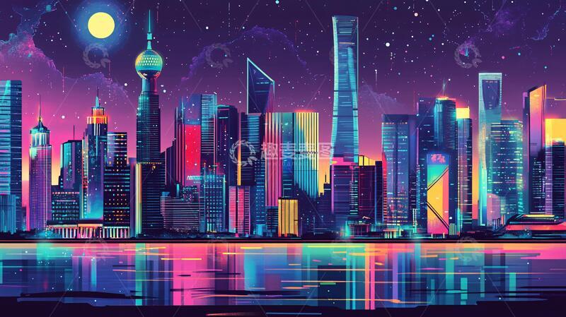 高清大图下载【趣麦麦图】北上广深天际线插画4