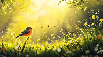 草地鲜花小鸟动物1