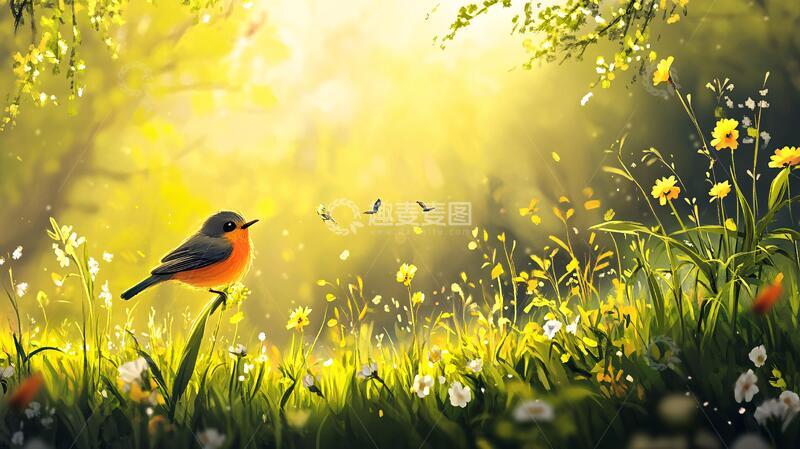 高清大图下载【趣麦麦图】草地鲜花小鸟动物1