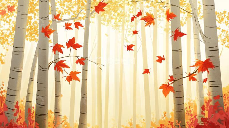 高清大图下载【趣麦麦图】手绘枫叶林插画红叶风景