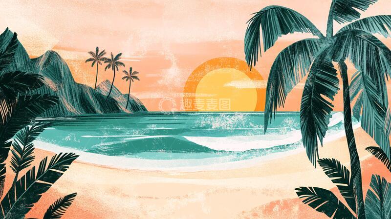 高清大图下载【趣麦麦图】-海边落日插画22