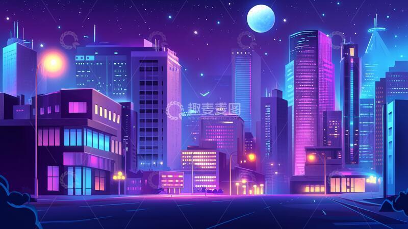 高清大图下载【趣麦麦图】霓虹灯城市插画夜景夜市