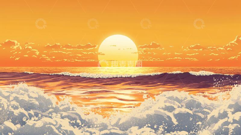 高清大图下载【趣麦麦图】手绘海浪旭日东升11
