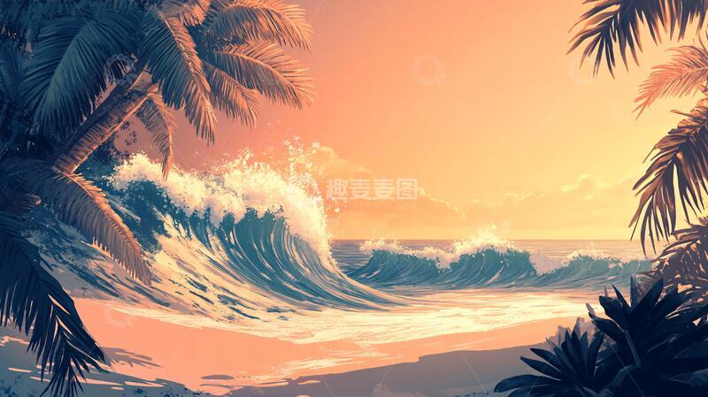 高清大图下载【趣麦麦图】-海边落日插画24