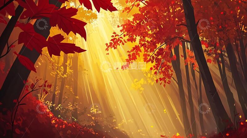 高清大图下载【趣麦麦图】手绘枫叶林森林插画美景