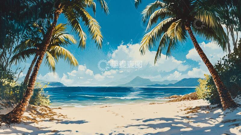 高清大图下载【趣麦麦图】海滩风景画插画海边海滩