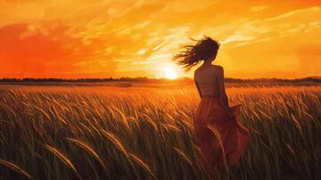 插画夕阳下插画背影少女