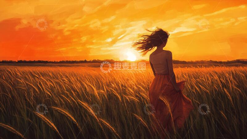 高清大图下载【趣麦麦图】插画夕阳下插画背影少女