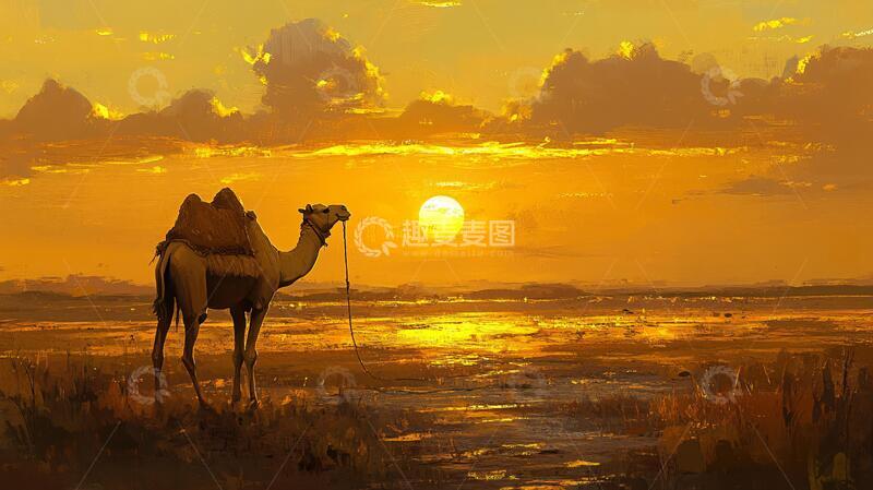 高清大图下载【趣麦麦图】夕阳下的骆驼3