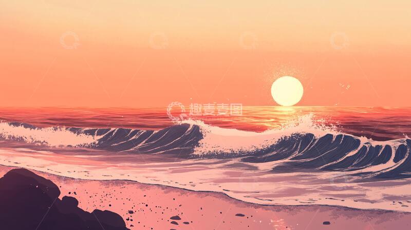 高清大图下载【趣麦麦图】海边落日插画19