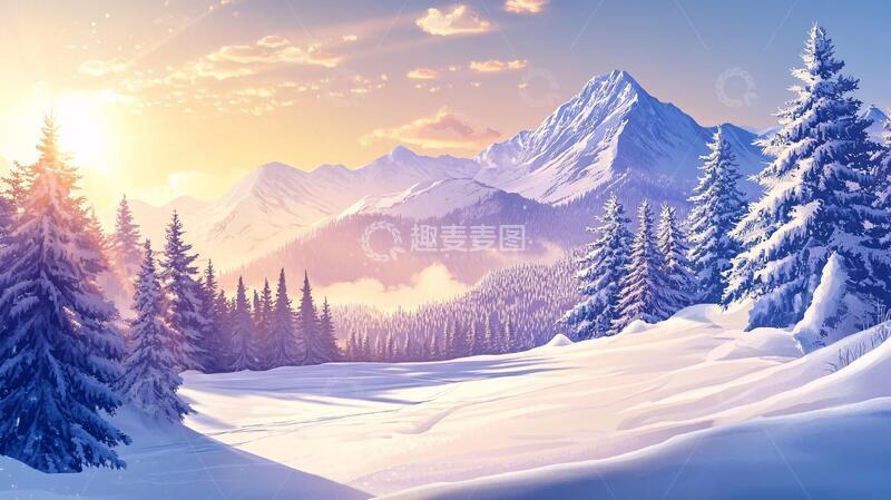 高清大图下载【趣麦麦图】冬日山川风景插画12