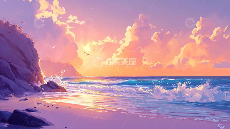 高清大图下载【趣麦麦图】海边落日插画21