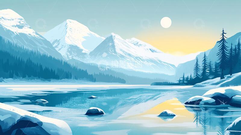 高清大图下载【趣麦麦图】冬日山川风景插画14