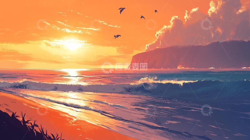 高清大图下载【趣麦麦图】海边落日插画20
