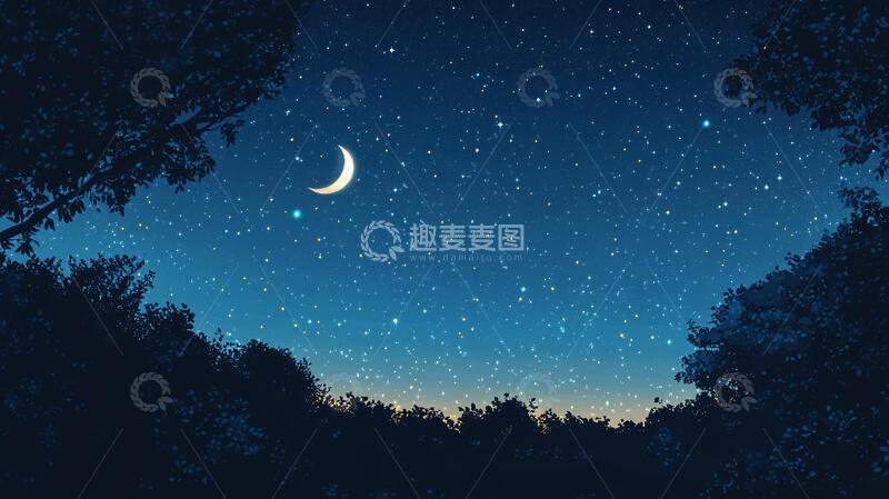 高清大图下载【趣麦麦图】夜色森林景森林夜色插画
