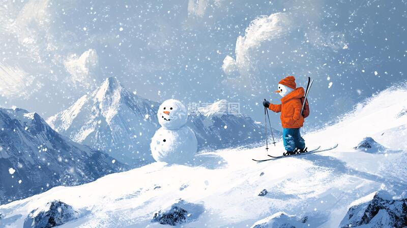 高清大图下载【趣麦麦图】堆雪人插画插画雪人大雪