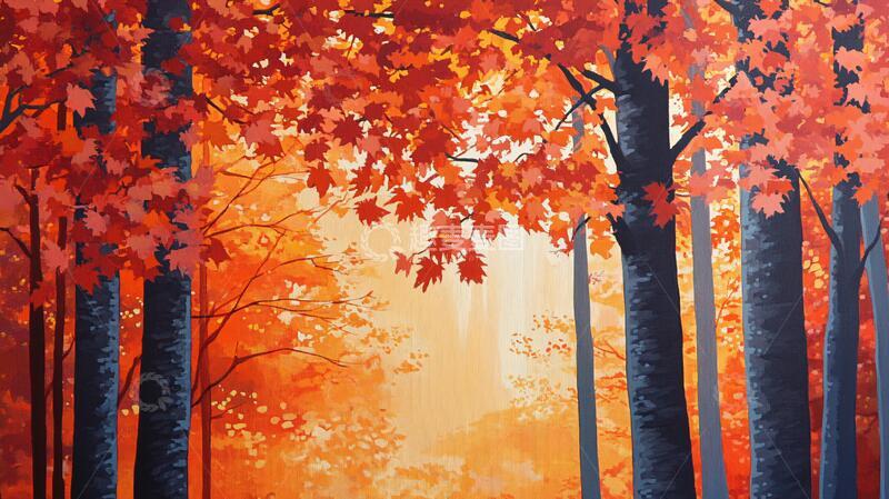 高清大图下载【趣麦麦图】手绘枫叶林森林素材红叶