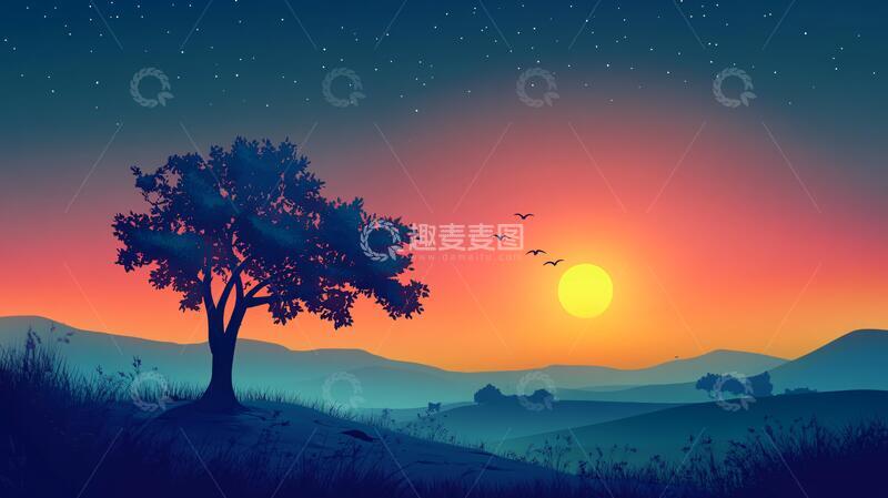 高清大图下载【趣麦麦图】日出风景插画10