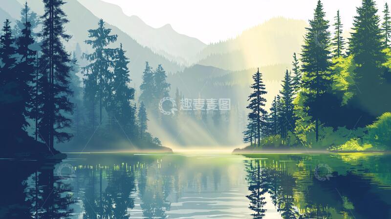 高清大图下载【趣麦麦图】山湖插画插画森林手绘