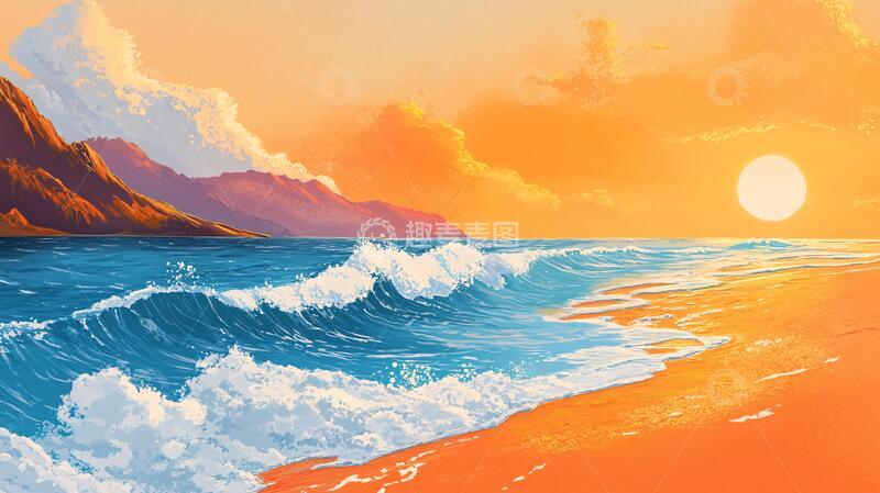 高清大图下载【趣麦麦图】海边落日插画11