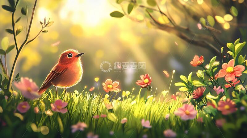 高清大图下载【趣麦麦图】草地鲜花小鸟动物