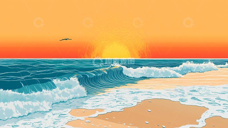 高清大图下载【趣麦麦图】手绘海浪旭日东升7