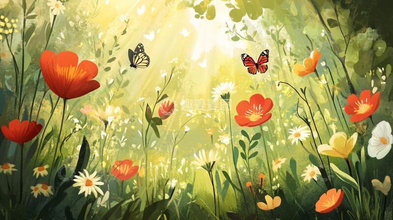 高清大图下载【趣麦麦图】花丛与蝴蝶插画花丛森林