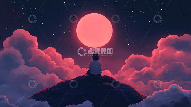 高清大图下载【趣麦麦图】看日出插画插画月光红日