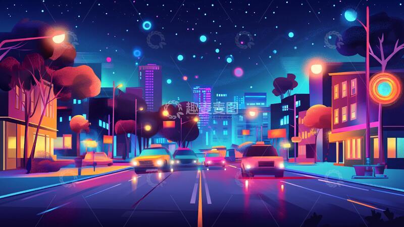 高清大图下载【趣麦麦图】夜市插画插画街道夜景