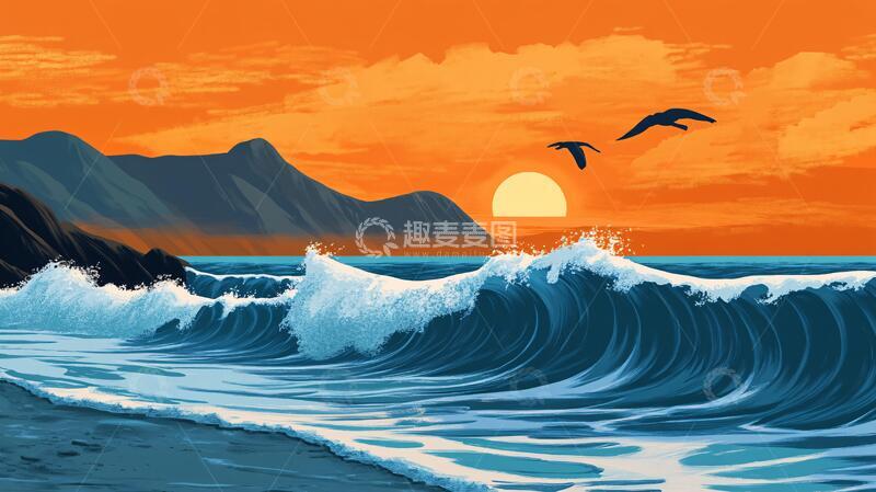 高清大图下载【趣麦麦图】手绘海浪旭日东升6