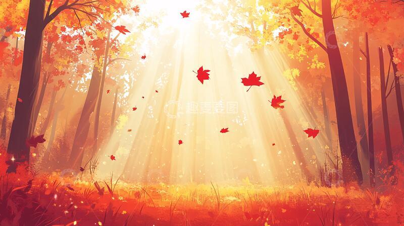 高清大图下载【趣麦麦图】手绘枫叶林插画森林手绘