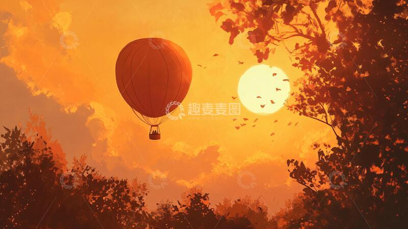 高清大图下载【趣麦麦图】热气球夕阳插画夕阳唯美