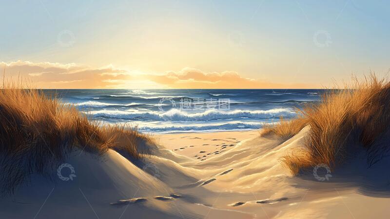 高清大图下载【趣麦麦图】海边落日插画12