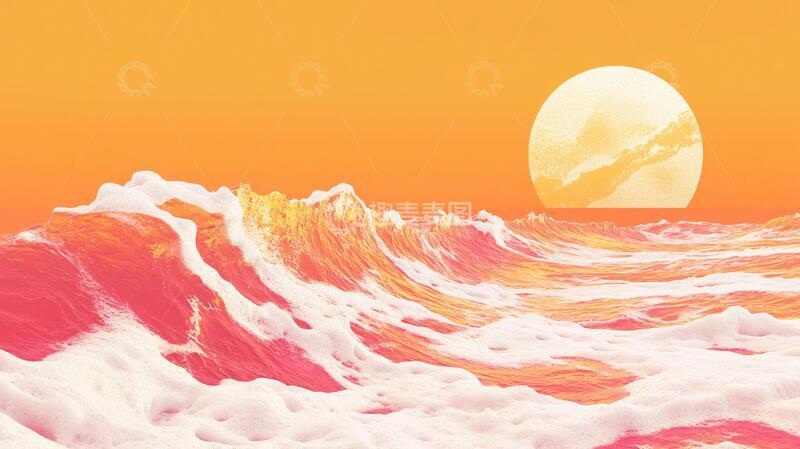 高清大图下载【趣麦麦图】手绘海浪旭日东升2