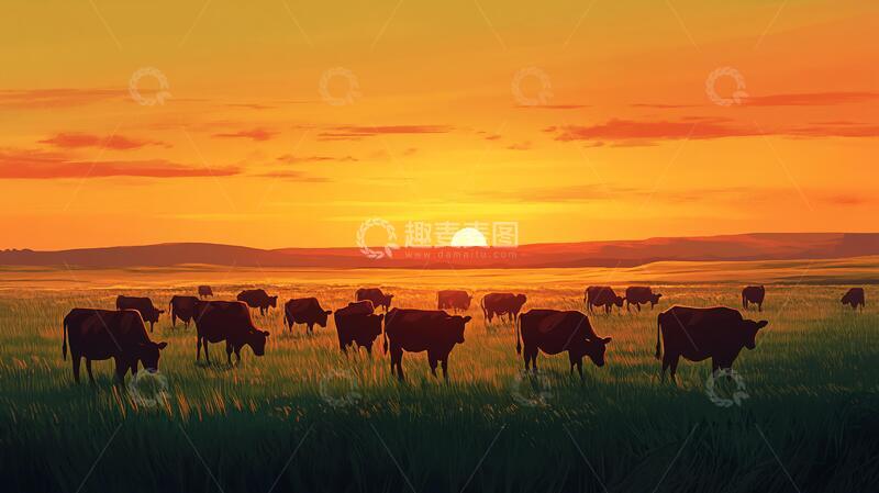 高清大图下载【趣麦麦图】夕阳下牛群夕阳牛群草原