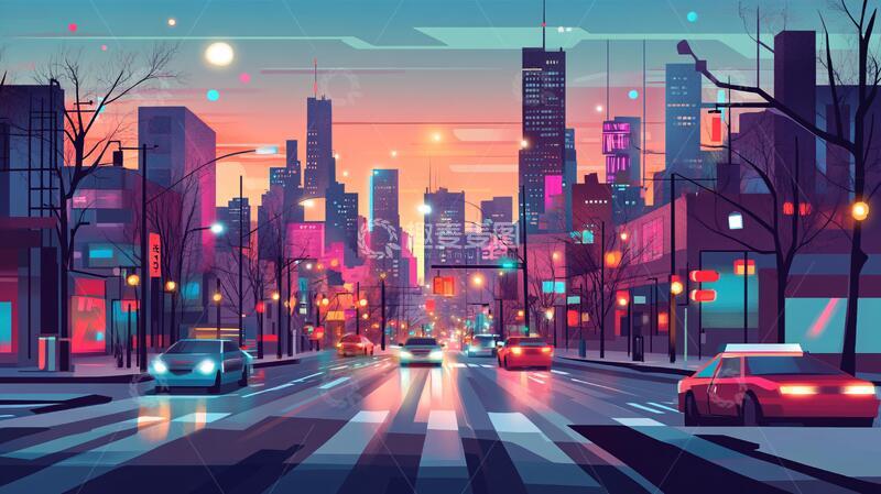 高清大图下载【趣麦麦图】日落街道插画2