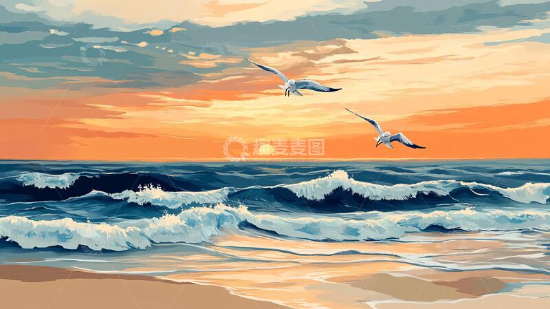 高清大图下载【趣麦麦图】海边落日插画10