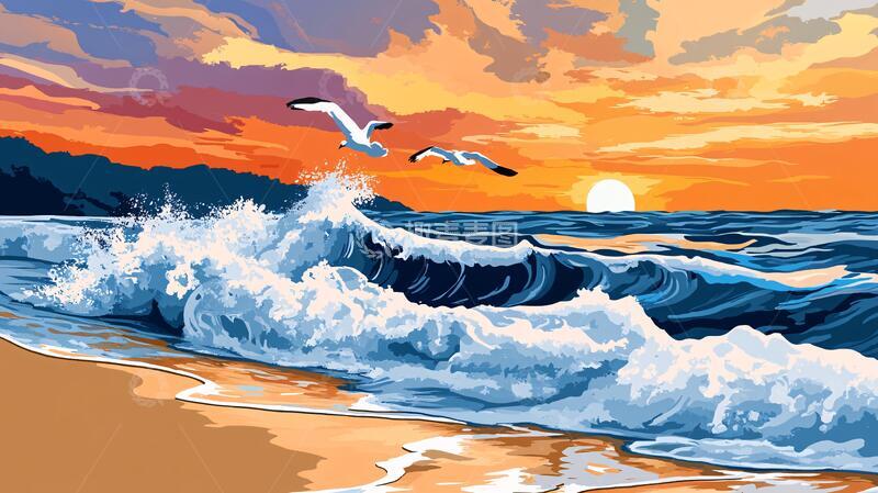高清大图下载【趣麦麦图】手绘海浪旭日东升3