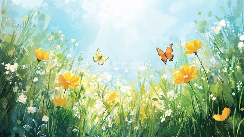 高清大图下载【趣麦麦图】花丛与蝴蝶花丛插画梦幻
