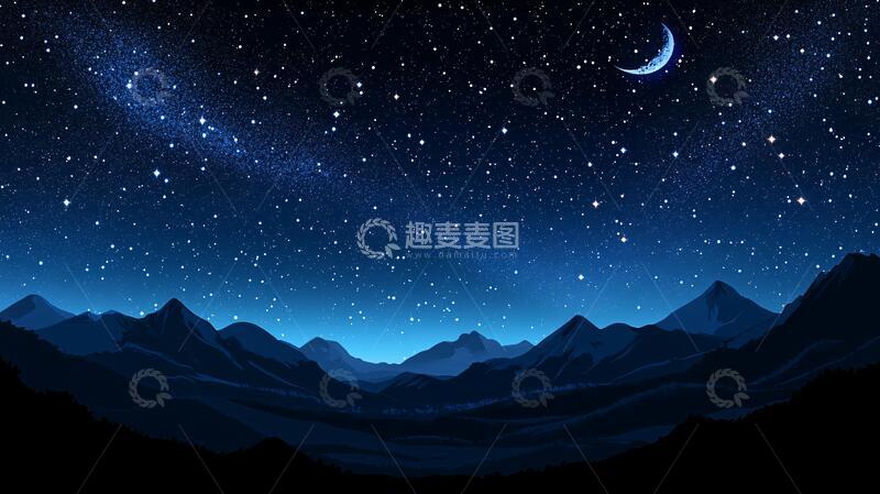 高清大图下载【趣麦麦图】夜晚山峰夜景手绘背景