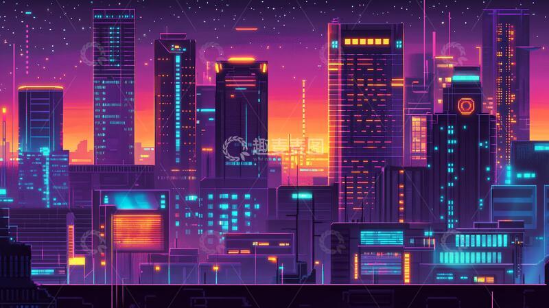 高清大图下载【趣麦麦图】霓虹灯城市插画夜景朋克