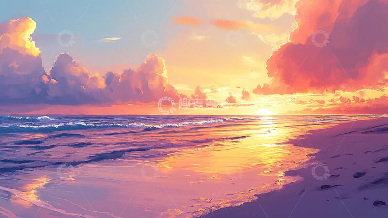 高清大图下载【趣麦麦图】海边落日插画4