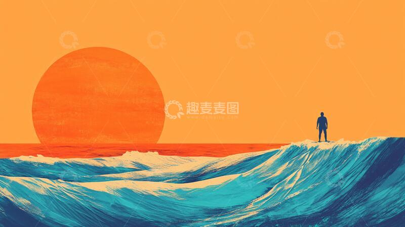 高清大图下载【趣麦麦图】看日出插画插画落日夕阳