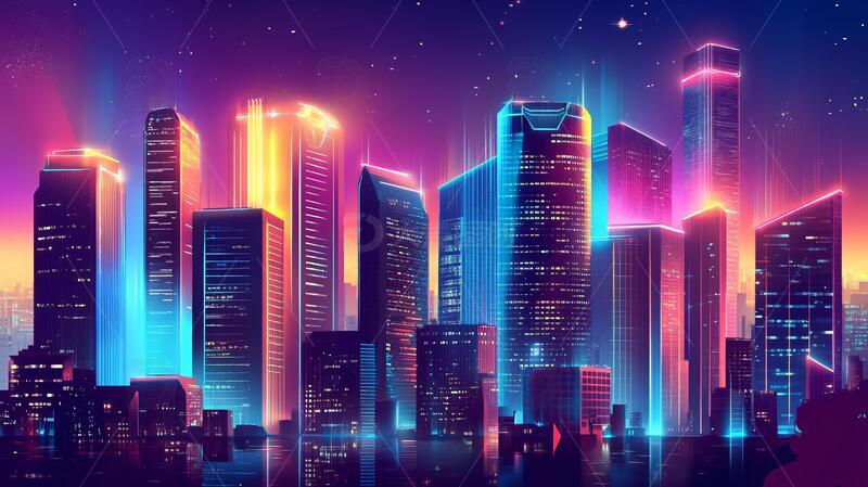 高清大图下载【趣麦麦图】霓虹灯城市城市渐变插画