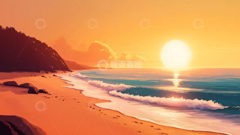 高清大图下载【趣麦麦图】海边落日插画6