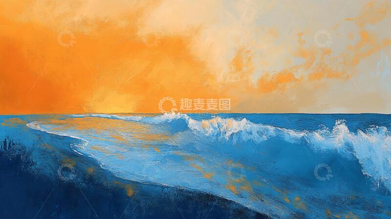 高清大图下载【趣麦麦图】宽幅海景图油画插画手绘