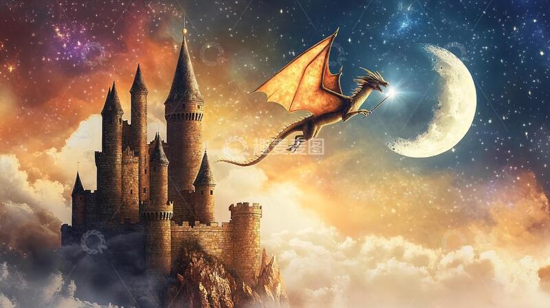 高清大图下载【趣麦麦图】飞马城堡插画梦幻奇幻