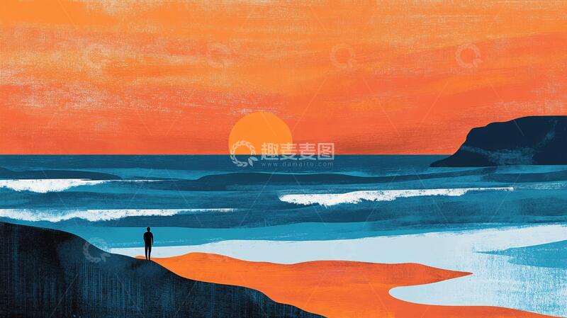 高清大图下载【趣麦麦图】看日出插画插画海边落日