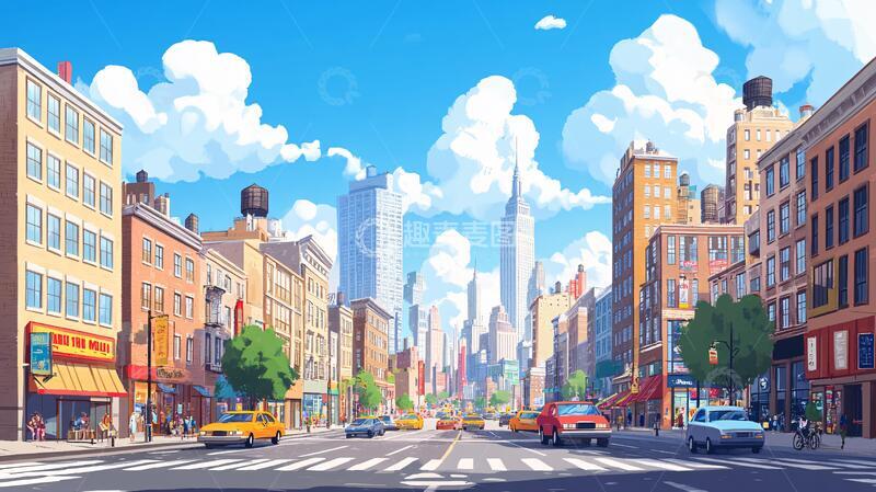 高清大图下载【趣麦麦图】城市街景插画