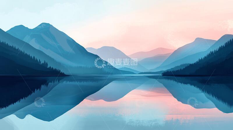 高清大图下载【趣麦麦图】山湖插画插画倒影湖面